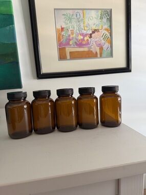 Bundle 5 Amber Glass Apothecary Pharmacy Storage Jars with Black Lids